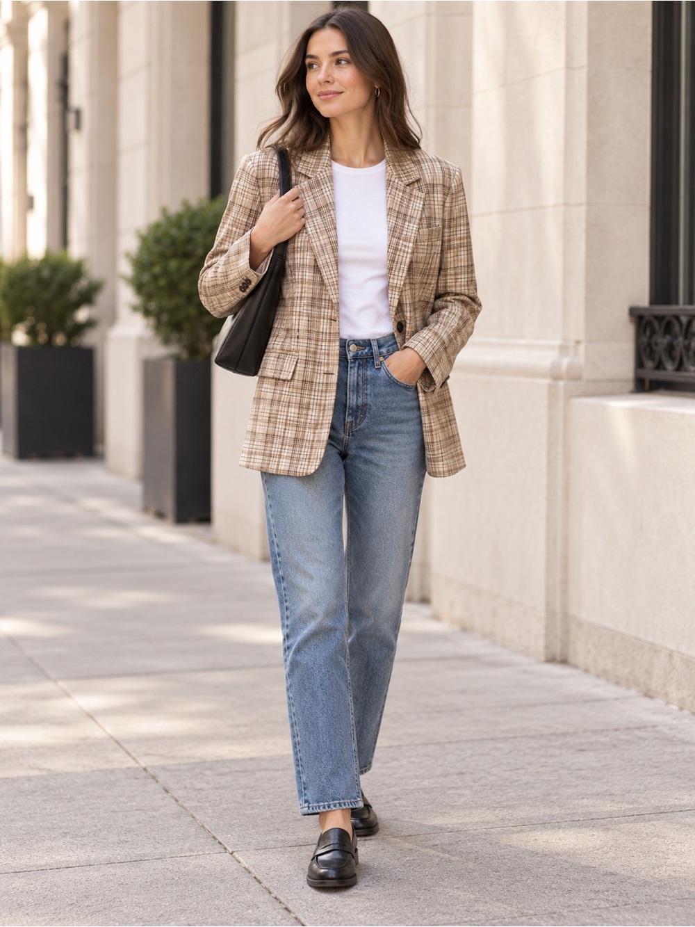 Everlane The Oversized Blazer in Buttersmooth Pale Khaki Plaid Size 6